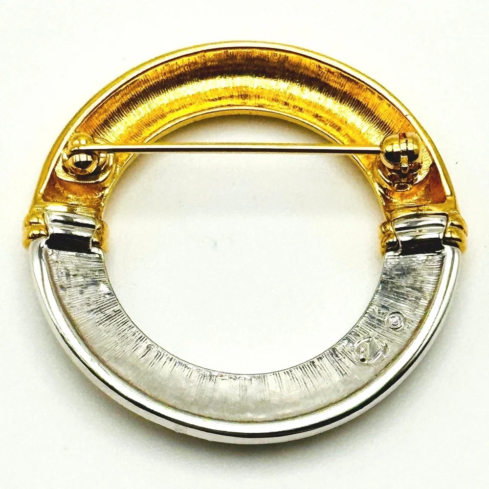 Swarovski Two Tone Pave Crystal Circle Brooch Gold Silver Tone Swan Logo Pin